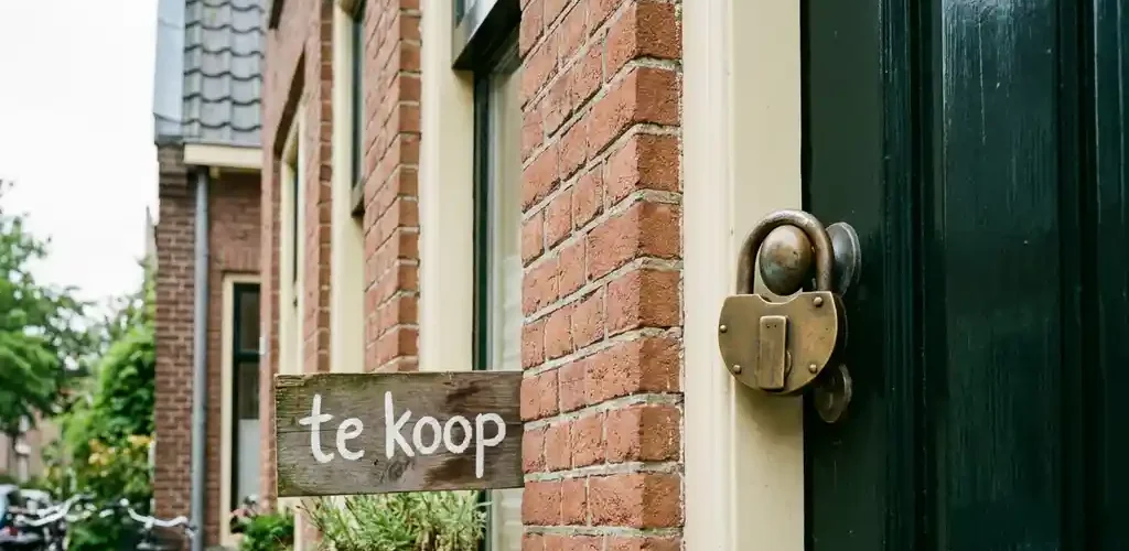 Vergrendelde voordeur van Nederlandse woning met messing hangslot, gedeeltelijk zichtbaar te-koop-bord en terracotta bakstenen gevel.