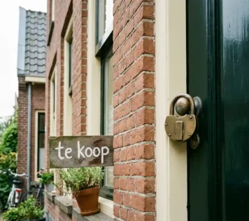 Vergrendelde voordeur van Nederlandse woning met messing hangslot, gedeeltelijk zichtbaar te-koop-bord en terracotta bakstenen gevel.