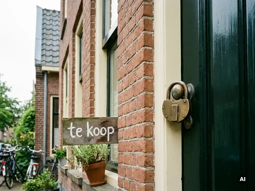 Vergrendelde voordeur van Nederlandse woning met messing hangslot, gedeeltelijk zichtbaar te-koop-bord en terracotta bakstenen gevel.