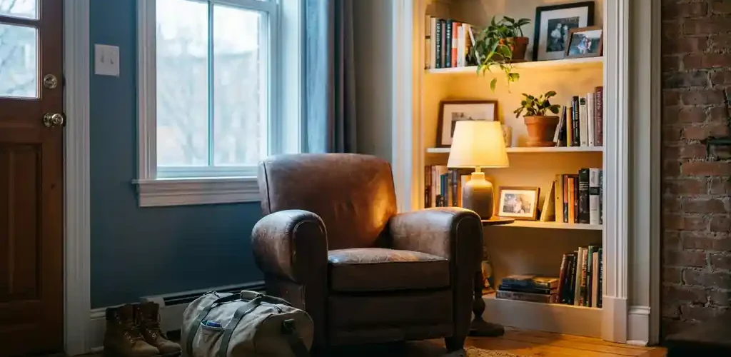 Instapklaar appartement met ingepakte reistas en werkschoenen bij de ingang, warme amber- en koele leisteenblauw tinten, noordelijk raam met zacht natuurlijk licht.