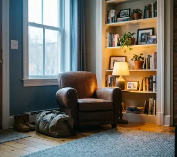 Instapklaar appartement met ingepakte reistas en werkschoenen bij de ingang, warme amber- en koele leisteenblauw tinten, noordelijk raam met zacht natuurlijk licht.