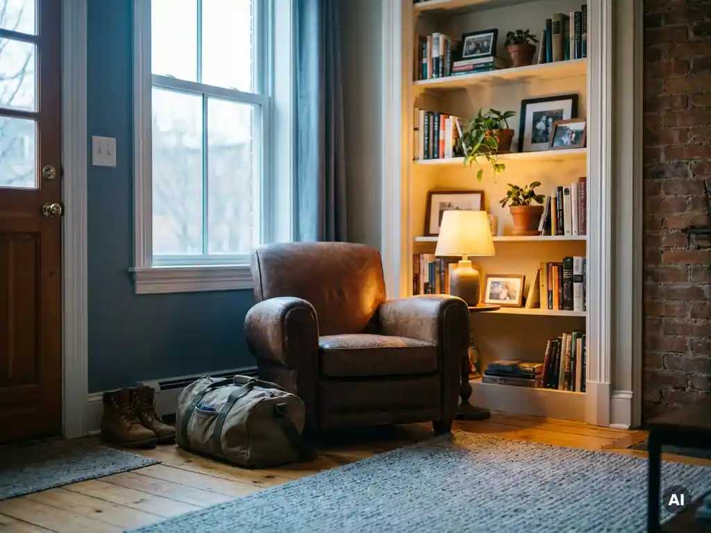 Instapklaar appartement met ingepakte reistas en werkschoenen bij de ingang, warme amber- en koele leisteenblauw tinten, noordelijk raam met zacht natuurlijk licht.