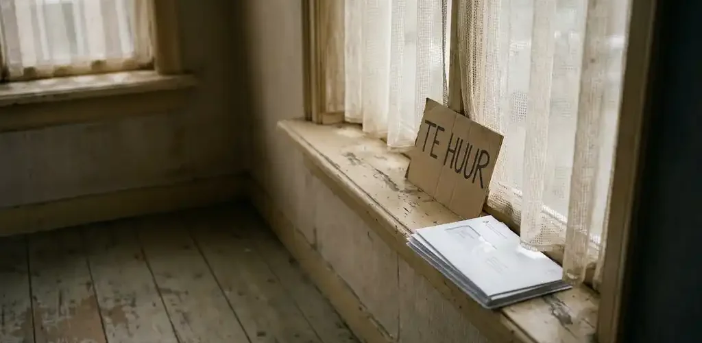Leegstaande huurwoning met 'Te Huur'-bord op vensterbank, stofdeeltjes in diffuus noordelijk daglicht, versleten houten vloer en ongeopende enveloppen.
