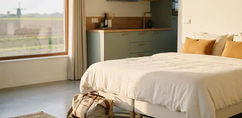 Ingericht modern appartement met opgemaakt bed, compacte keuken en reistas op de vloer, warm natuurlijk licht door raam met uitzicht op Nederlands landschap.