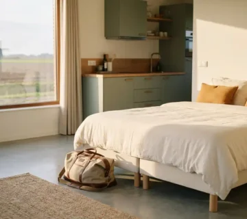 Ingericht modern appartement met opgemaakt bed, compacte keuken en reistas op de vloer, warm natuurlijk licht door raam met uitzicht op Nederlands landschap.
