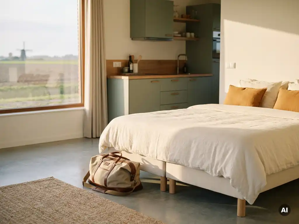 Ingericht modern appartement met opgemaakt bed, compacte keuken en reistas op de vloer, warm natuurlijk licht door raam met uitzicht op Nederlands landschap.