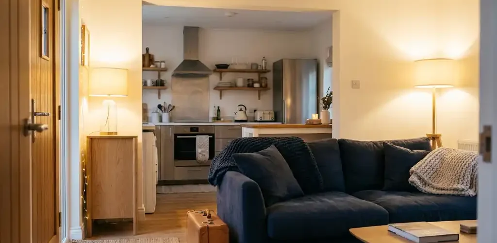 Moderne ingerichte woonkamer met comfortabele bank, keuken op achtergrond en koffer bij ingang, warm gouden licht op witte muren en eiken meubels.