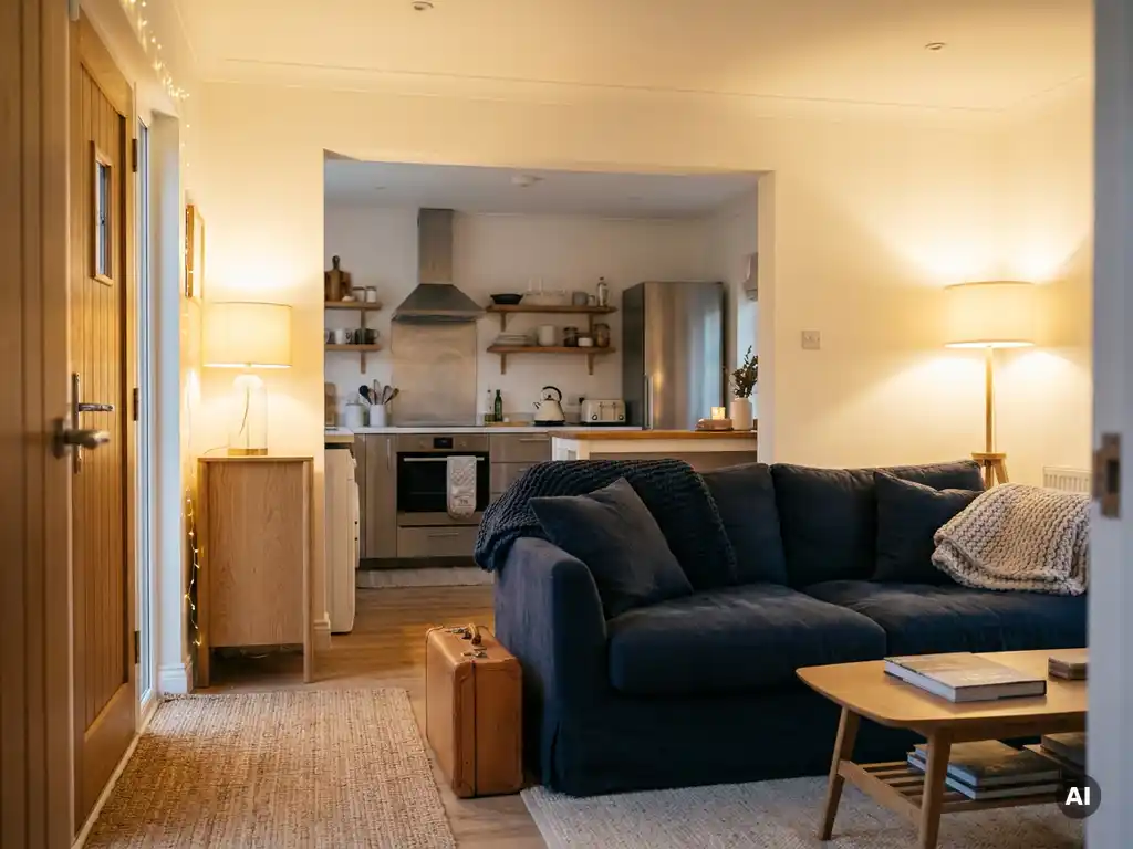 Moderne ingerichte woonkamer met comfortabele bank, keuken op achtergrond en koffer bij ingang, warm gouden licht op witte muren en eiken meubels.