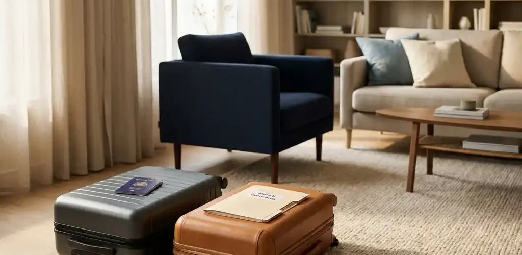 Twee ingepakte koffers naast elkaar in modern Scandinavisch appartement, EU-paspoort op één koffer, zacht natuurlijk licht.
