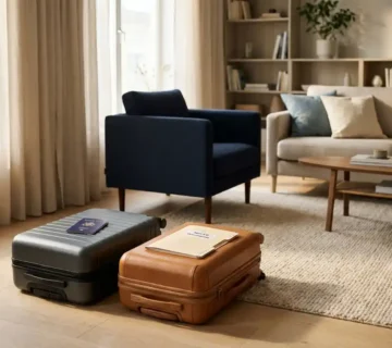 Twee ingepakte koffers naast elkaar in modern Scandinavisch appartement, EU-paspoort op één koffer, zacht natuurlijk licht.