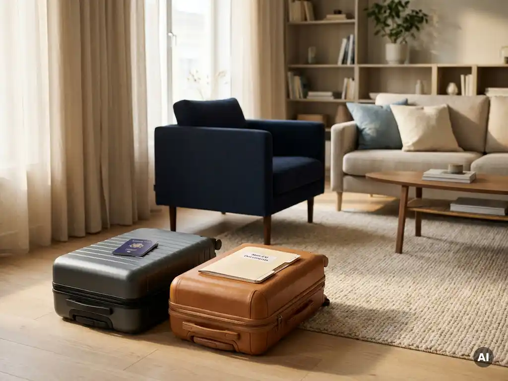 Twee ingepakte koffers naast elkaar in modern Scandinavisch appartement, EU-paspoort op één koffer, zacht natuurlijk licht.
