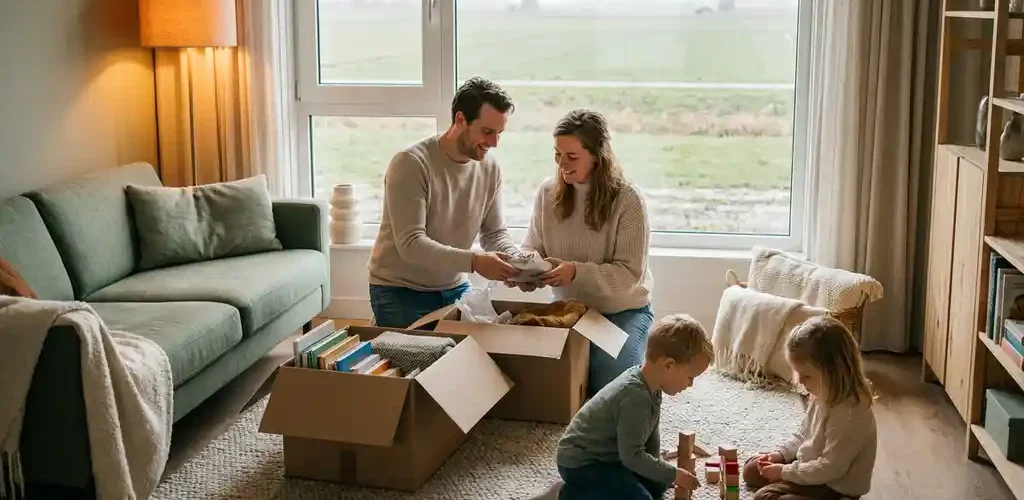 Gezin pakt dozen uit in modern Nederlands rijtjeshuis met kinderen spelend op de woonkamervloer en uitzicht op Hollands landschap.