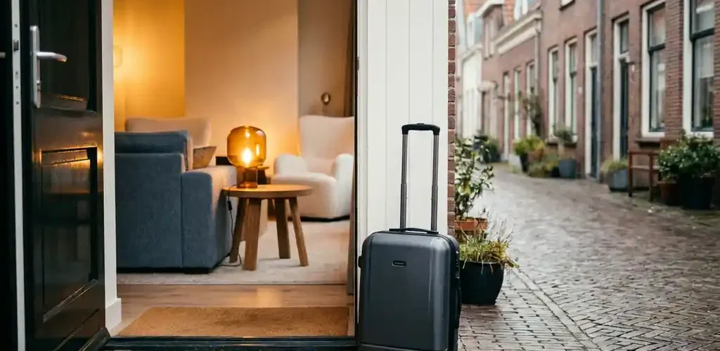Moderne woonkamer gezien vanuit open voordeur met rolkoffer en paspoort op de drempel, warme sfeerverlichting, Nederlandse straat op de achtergrond.