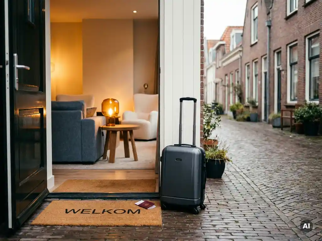 Moderne woonkamer gezien vanuit open voordeur met rolkoffer en paspoort op de drempel, warme sfeerverlichting, Nederlandse straat op de achtergrond.