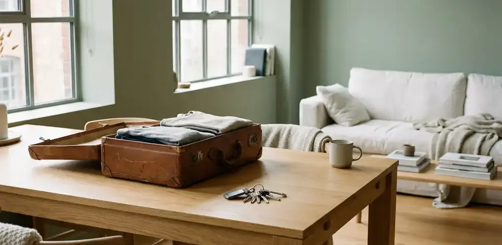 Ingepakte koffer en huissleutels op eiken tafel in modern Scandinavisch appartement met saliegroen interieur.