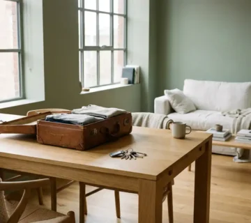 Ingepakte koffer en huissleutels op eiken tafel in modern Scandinavisch appartement met saliegroen interieur.