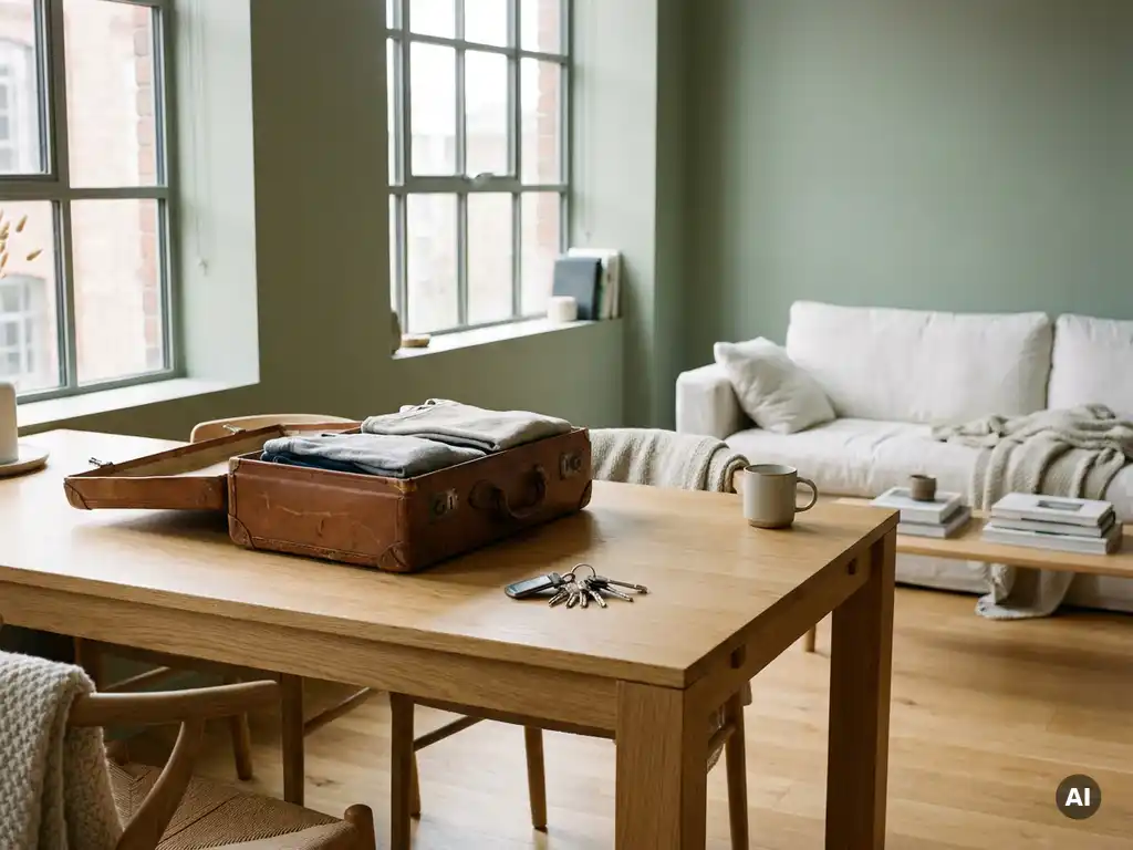 Ingepakte koffer en huissleutels op eiken tafel in modern Scandinavisch appartement met saliegroen interieur.