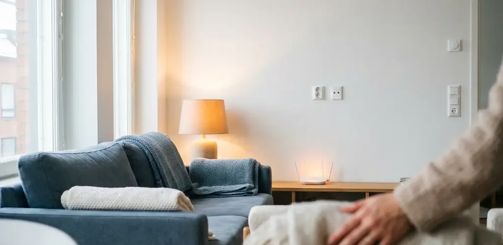 Moderne woonkamer met wifi-router en stopcontacten aan witte muur, gezellige bank en lamp in zacht noordelijk daglicht.