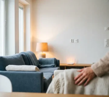 Moderne woonkamer met wifi-router en stopcontacten aan witte muur, gezellige bank en lamp in zacht noordelijk daglicht.
