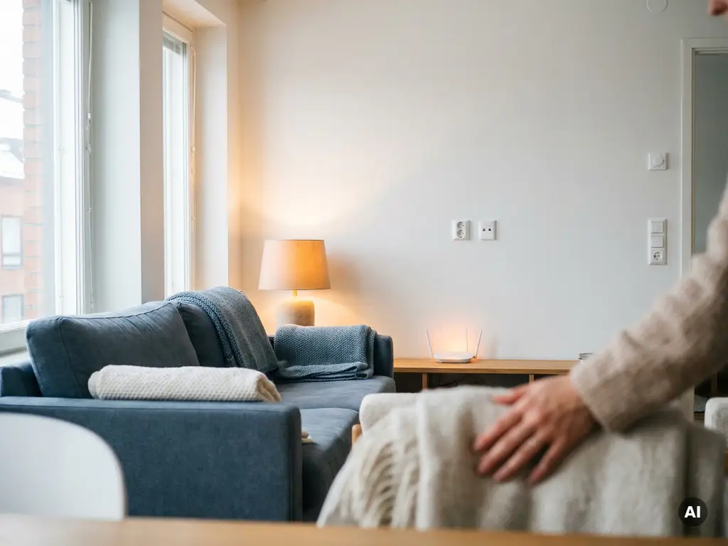 Moderne woonkamer met wifi-router en stopcontacten aan witte muur, gezellige bank en lamp in zacht noordelijk daglicht.