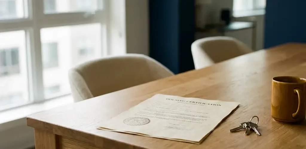 Officieel woningdocument met stempel en sleutels op eettafel, warm noordelijk daglicht door grote ramen.