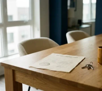 Officieel woningdocument met stempel en sleutels op eettafel, warm noordelijk daglicht door grote ramen.