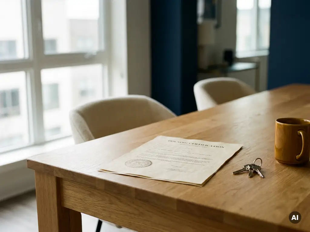 Officieel woningdocument met stempel en sleutels op eettafel, warm noordelijk daglicht door grote ramen.