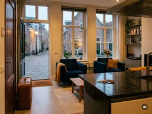 Ingerichte woonkamer van een gemeubileerd appartement met koffer bij de deur en sleutels op het keukenblad, met uitzicht op een Nederlandse straat.