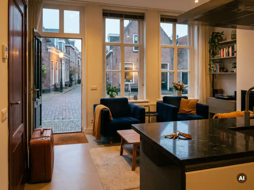 Ingerichte woonkamer van een gemeubileerd appartement met koffer bij de deur en sleutels op het keukenblad, met uitzicht op een Nederlandse straat.