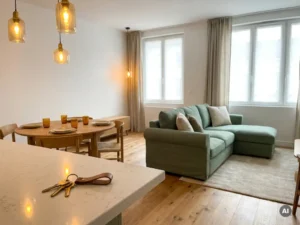 Gemeubileerd appartement met gezellige bank, eettafel en houten vloer, sleutels op het aanrecht, warm hanglamplicht.