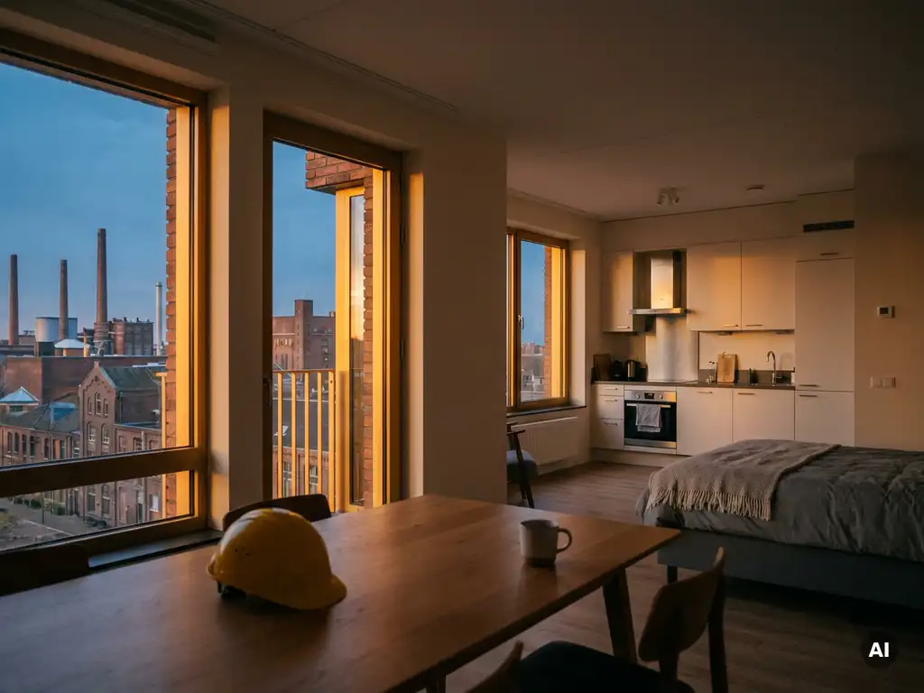 Gemeubileerd appartement met opgemaakt bed, keuken en bouwhelm op eettafel, met uitzicht op industrieel Noord-Nederlands stadssilhouet bij schemering.